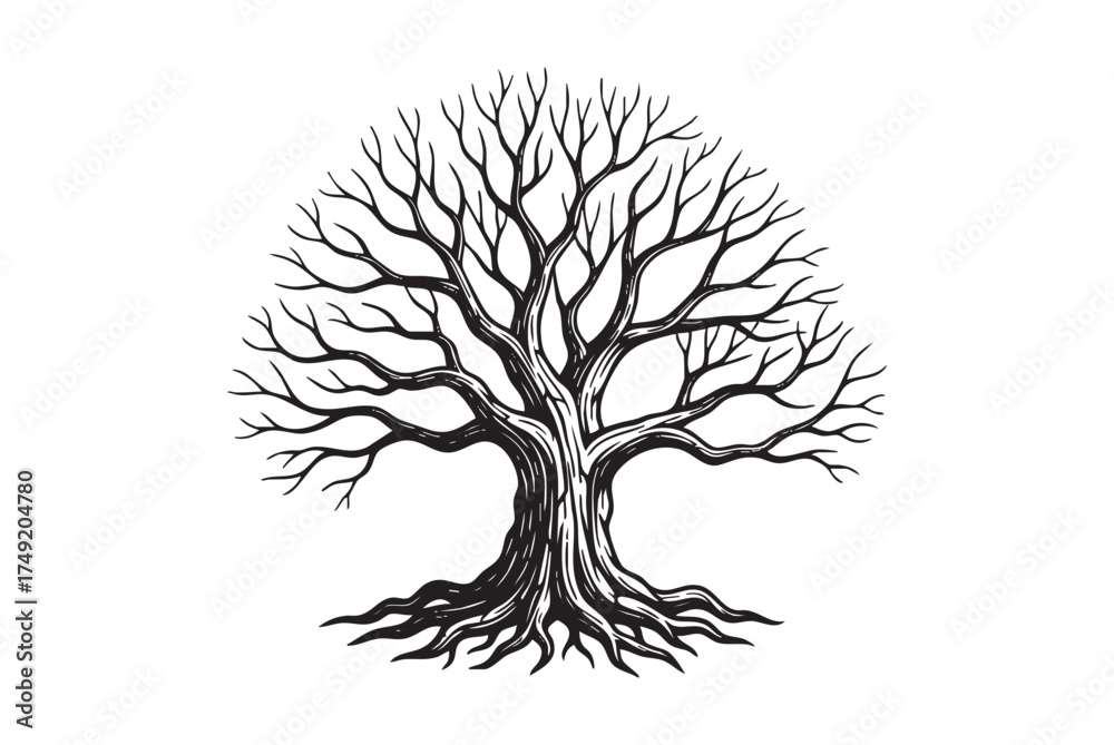 Fototapeta premium Bare Tree, Old, Leafless Oak Tree with Wide, Spreading Branches and Exposed Roots engraving vector illustration