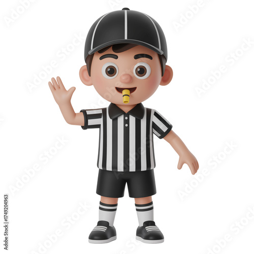 Cartoon illustration of a referee wearing a black and white striped shirt and a whistle.