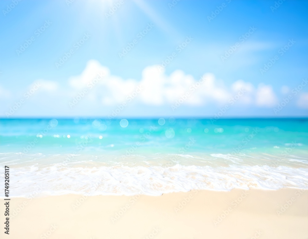 Fototapeta premium Soft focus shot of a pristine beach with gentle waves, sun, and clear water