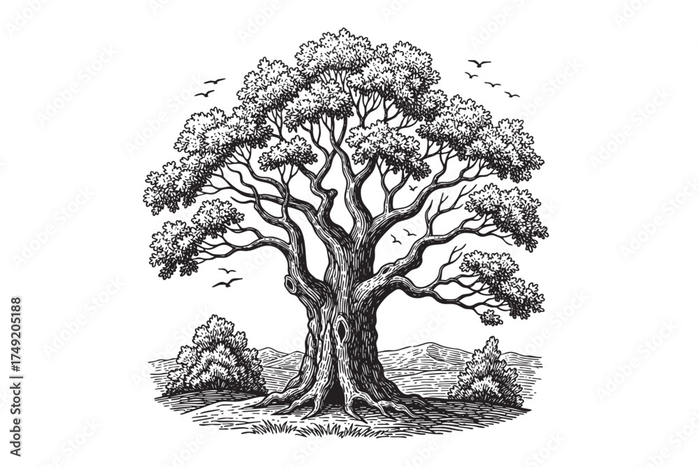 Fototapeta premium oak Tree, Old Tree with a Thick Trunk, engraving vector illustration
