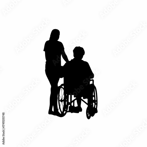 Rehab nurse assisting wheelchair user in therapy room silhouette isolated on white background