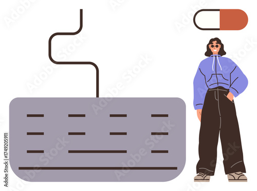 Stylish person in oversized outfit standing confidently, large keyboard, and capsule. Ideal for technology, lifestyle, fashion, casual wear, health workplace digital connection. Modern simple flat