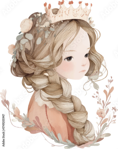 
A beautiful, elegant watercolor illustration of a little princess in peach and beige colors, with light brown hair in braids and wearing a crown. 