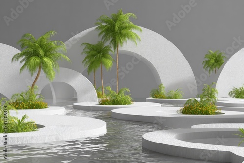 Modern palm tree oasis digital landscape with geometric shapes and water