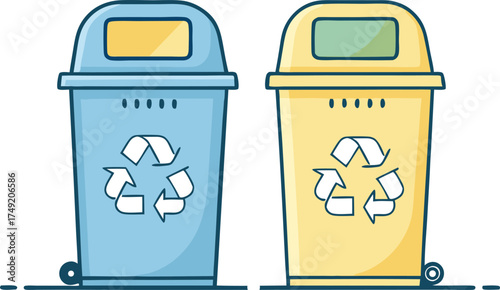 A pair of colorful blue and yellow recycling bins for waste management