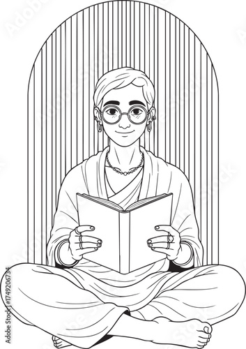 Black and white line art of a serene person with glasses reading a book while sitting crosslegged.
