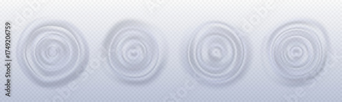 Concentric circles from water drop impact with sound wave ripples spreading outward for motion graphics. Splash rings on transparent background. Radial disturbance and liquid visualization elements.