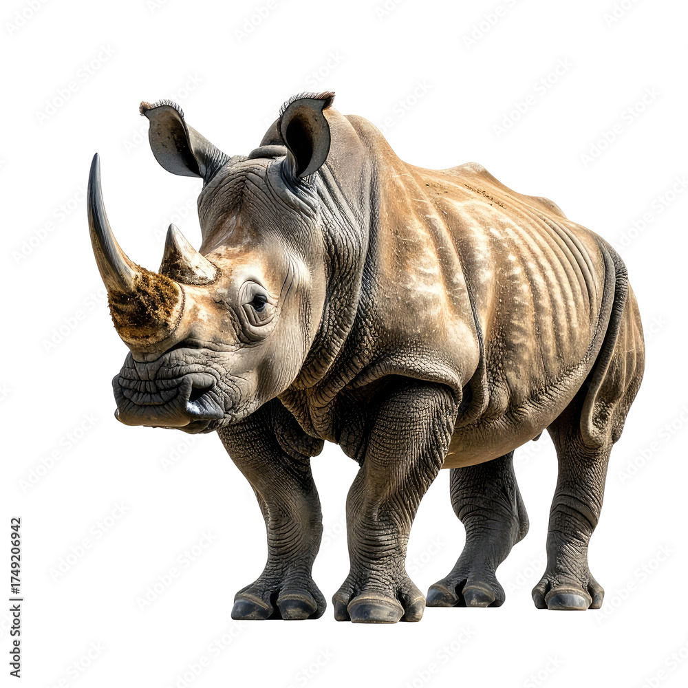 Obraz premium Majestic rhino with textured hide, large horn, and focused gaze