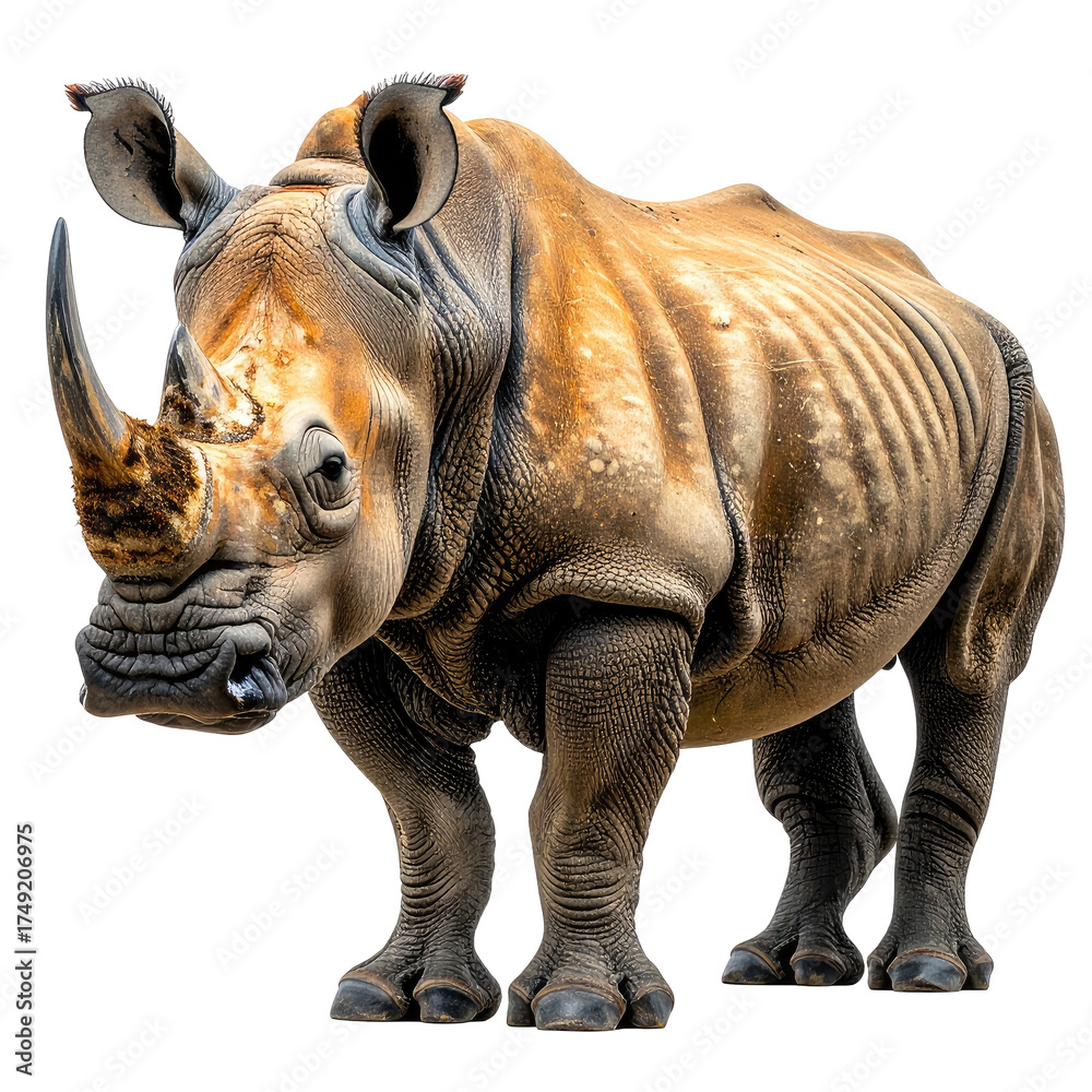 Fototapeta premium Majestic rhino portrait, side view, large horn, textured skin, isolated on black