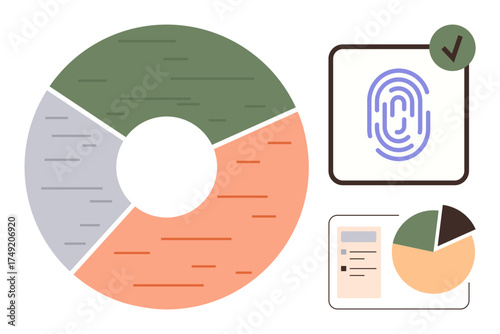 Circular pie chart, fingerprint scan with checkmark, and document with chart. Ideal for analytics, security, biometrics, data management, reporting infographics and technology. A simple flat