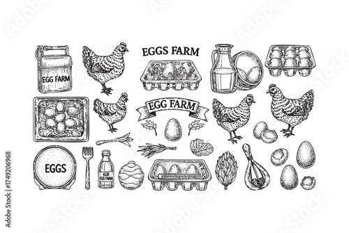 Farm Products Set, Rooster, Chicken Coop, Eggs, Vegetables, and Hand Harvesting in a Vintage Style