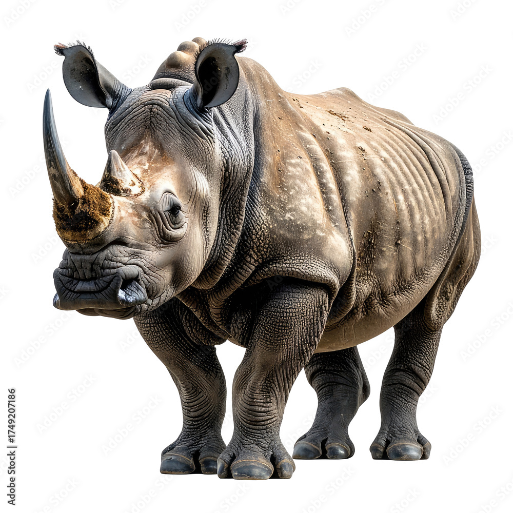 Fototapeta premium Majestic rhino with large horn, grey skin, side profile. Isolated on black background