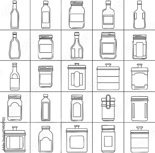 Collection of simple black line art icons showing different types of kitchen jars bottles and food storage containers.