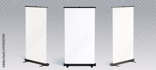 Blank roll up banner mockup displays with retractable stands for presentation and advertising materials. White vertical screens on transparent bg. Portable exhibition signage and trade show equipment.