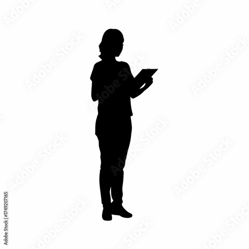 Silhouette of a rehab nurse recording patient progress notes isolated on white background