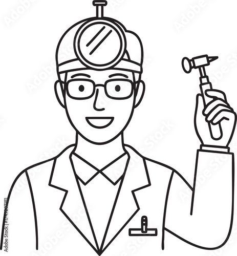 Friendly male ENT doctor with a head mirror and otoscope a black and white line art illustration.