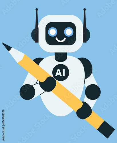 Friendly AI robot holding a large pencil, symbolizing creativity, innovation and artificial intelligence. Perfect for education, tech presentations, websites and AI related content.