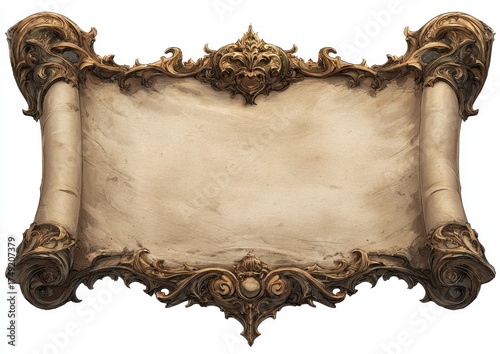 Ornate scroll banner, aged parchment, gold-accented frame