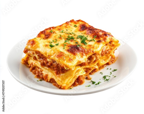 A square slice of lasagna on a white plate.  Layers of pasta, meat, and cheese are visible.  A sprinkle of parsley tops the dish