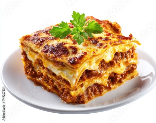Square portion of lasagna on a white plate