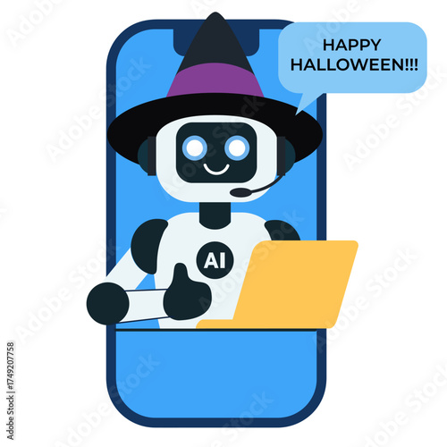 Friendly AI robot wearing a witch hat and working on a laptop inside a smartphone frame. The robot is showing a thumbs up gesture. Perfect for festive technology, chatbot services, customer support