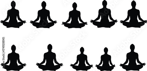 Silhouette of people meditating in lotus pose, peaceful yoga practice, mindfulness exercise, calm relaxation, inner balance, and mental 