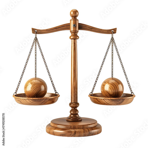 Wooden balance scale with two wooden spheres, symbolizing weight & equality