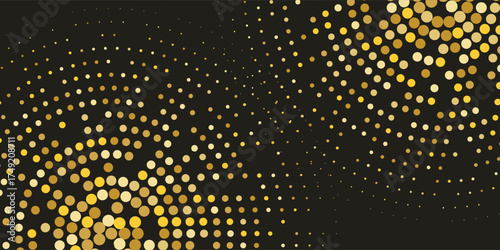 Aesthetic Gold Glitter Halftone Dotted Backdrop. Abstract Circular Retro Pattern. Pop Art Style Background. Golden Explosion Of Confetti. Digitally Generated Image. Vector Illustration, Eps 10.