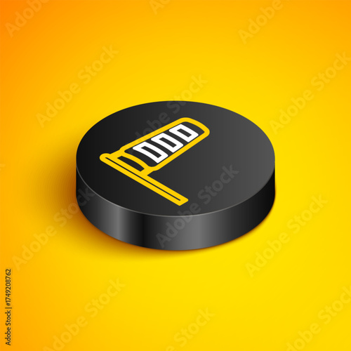 Isometric line Cone meteorology windsock wind vane icon isolated on yellow background. Windsock indicate the direction and strength of the wind. Black circle button. Vector