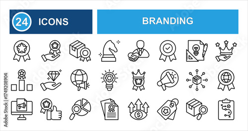 Branding line icon set with editable stroke, featuring identity, rebranding, product, strategy, quality, brand value, loyal customers, story, and brand launch in clean thin linear style.