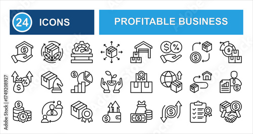 Profitable business line icon set with editable stroke, featuring strategy, revenue, advantage, margin, supply, sustainability, and product in clean thin linear illustration style.