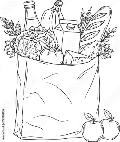 Handdrawn line art illustration of a paper grocery bag overflowing with fresh food produce and dairy.