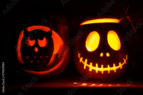 Fényképezés Jack-o'-lantern and owl pumpkin carving glowing halloween night