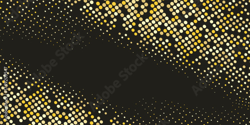 Aesthetic Gold Glitter Halftone Dotted Backdrop. Abstract Circular Retro Pattern. Pop Art Style Background. Golden Explosion Of Confetti. Digitally Generated Image. Vector Illustration, Eps 10.