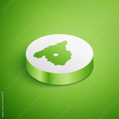 Isometric Map of Spain icon isolated on green background. White circle button. Vector