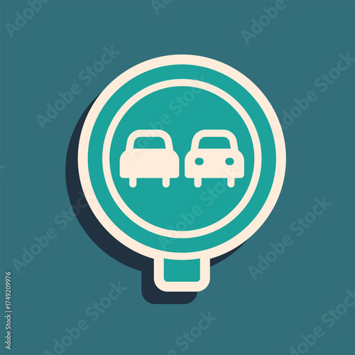 Green No overtaking road traffic icon isolated on green background. Traffic rules and safe driving. Long shadow style. Vector