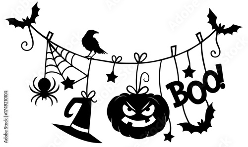 Halloween garland with bat, spiderweb, witch hat, raven, pumpkin and Boo text hanging on string