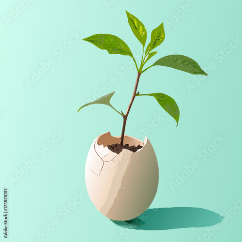 Hand-Drawn Plant Sapling Sprouting from Cracked Eggshell Illustration