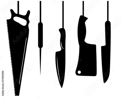 Halloween hanging garland with knives, saw and cleaver — spooky horror tools decoration for haunted house