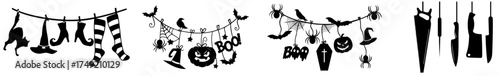 Collection of black Halloween garlands featuring witch hat and striped socks, pumpkins, bats, spiders, ghosts and hanging knives for spooky party decor. October 31 home decoration, posters, cards and 