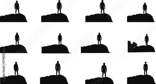 Silhouette of person standing on mountain cliff, outdoor adventure concept, hiking and exploration scene, travel freedom, nature and landscape art