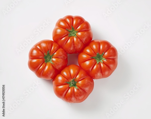Four round, vibrant red tomatoes arranged in a symmetrical cross formation on a plain white surface.  Each tomato is plump, with a textured, slightly ridged skin.  Green stem tops are visible on each