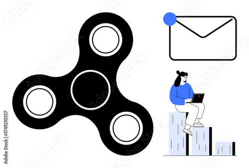 Black fidget spinner, envelope with notification dot, woman working on a laptop while sitting atop bar charts. Ideal for multitasking, work-life balance, creativity, focus, communication