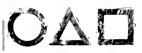 Illustration with hand drawn strokes of paint. Forms of a circle, a triangle and a square. Artistic design elements isolated on a white background.