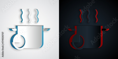 Paper cut Cooking pot and kitchen timer icon isolated on grey and black background. Boil or stew food symbol. Paper art style. Vector