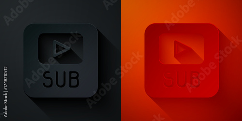 Paper cut Video with subtitles icon isolated on black and red background. Paper art style. Vector
