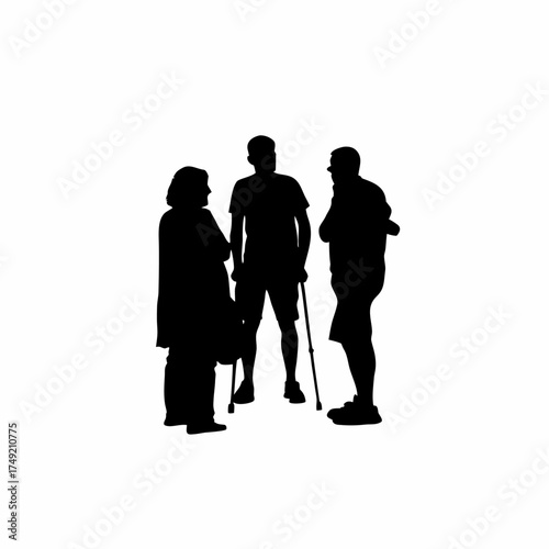 Silhouette of a rehabilitation team discussing patient recovery plan on white background isolated on white background