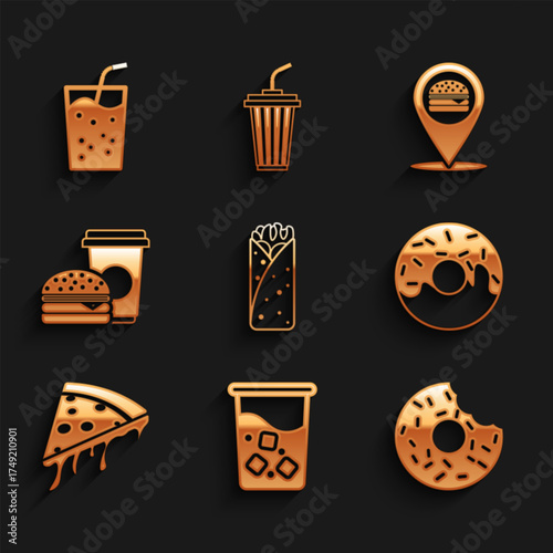 Set Burrito, Glass with water, Donut, Slice of pizza, Coffee and burger, Location and icon. Vector