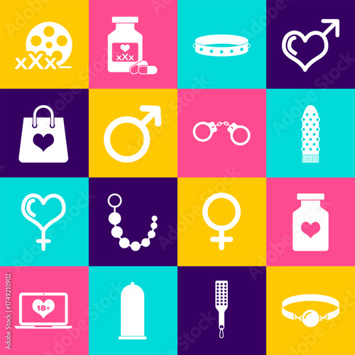 Set Silicone ball gag, Bottle with pills for potency, Dildo vibrator, Leather fetish collar, Male gender symbol, Shopping bag heart, Film reel Sex and Handcuffs icon. Vector
