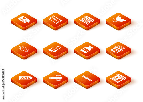 Set Condom safe sex, Dildo vibrator for games, Silicone ball gag, Penis pump, Bottle with pills potency, Sex shop building and icon. Vector